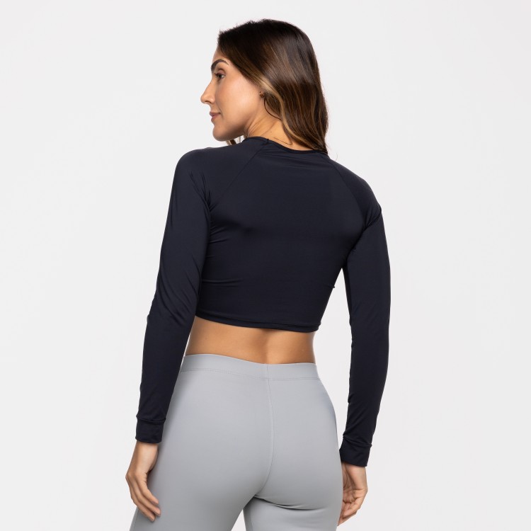 Blusa Cropped Raglan Poliamida Manga Longa Preta