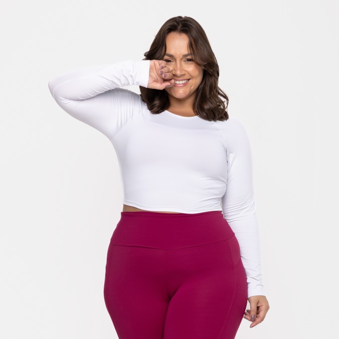 Blusa Cropped Raglan Poliamida Manga Longa Branca