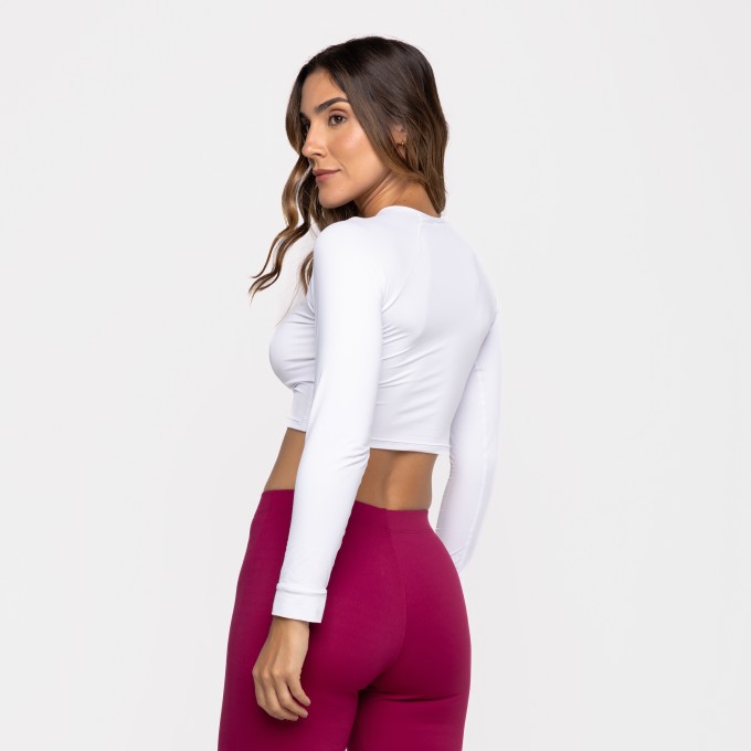 Blusa Cropped Raglan Poliamida Manga Longa Branca