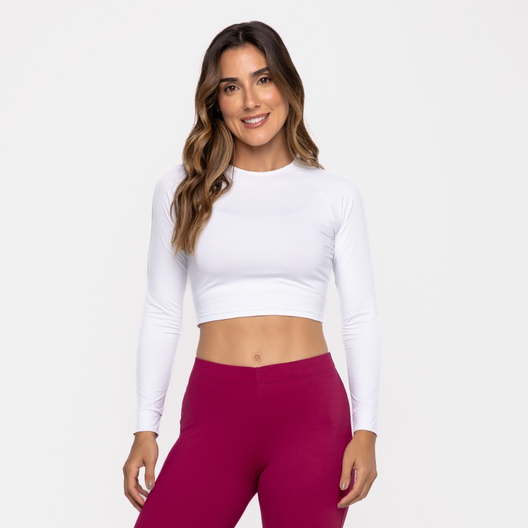 Blusa Cropped Raglan Poliamida Manga Longa Branca