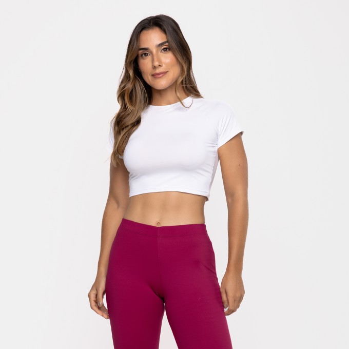 Blusa Cropped Raglan Poliamida Manga Curta Branca