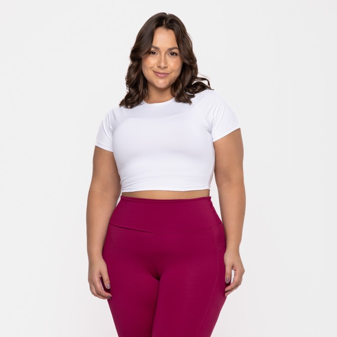 Blusa Cropped Raglan Poliamida Manga Curta Branca