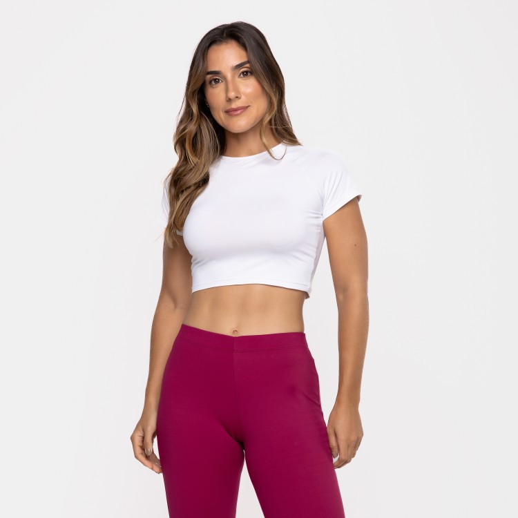 Blusa Cropped Raglan Poliamida Manga Curta Branca