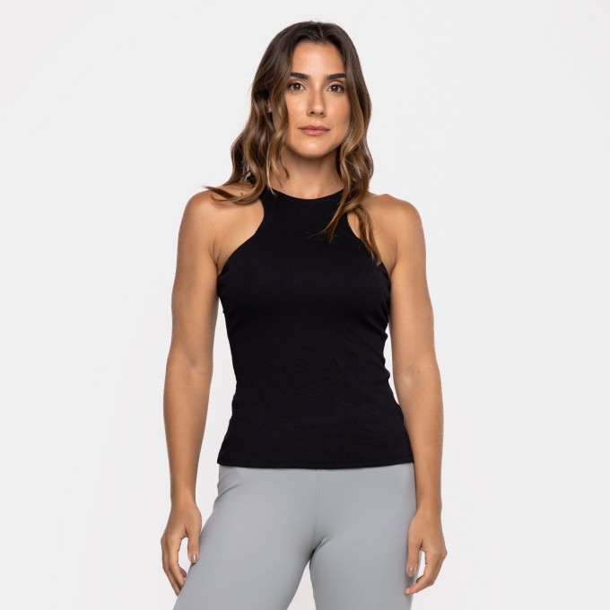 Blusa Decote Alto Canelada Preta