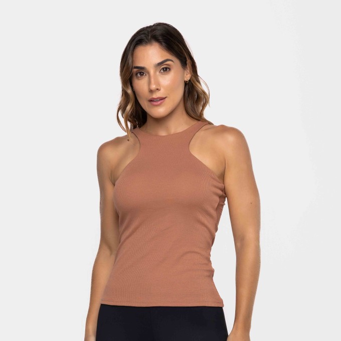 Blusa Decote Alto Canelada Ganache Mocha